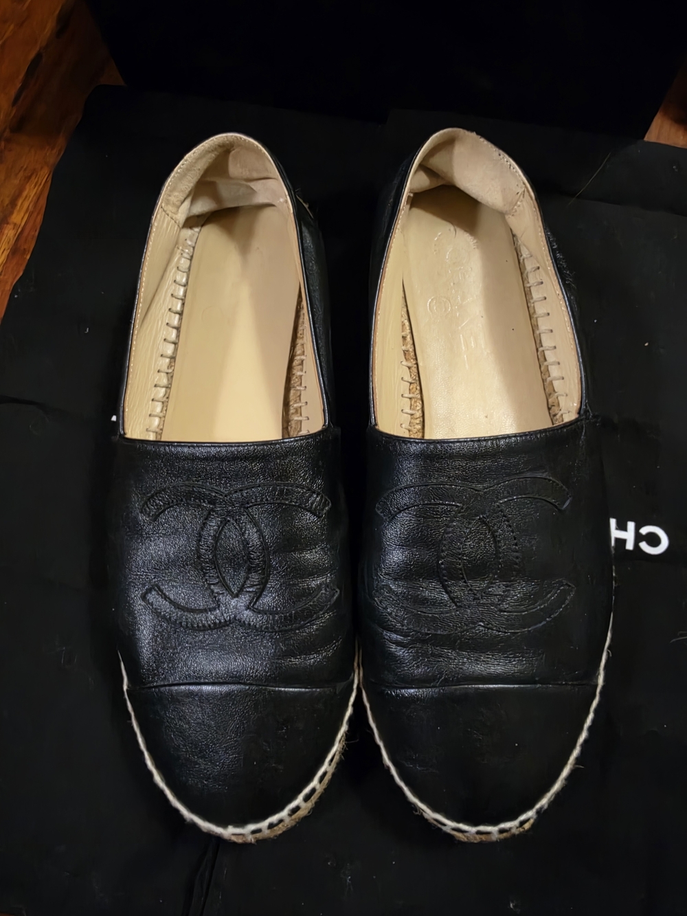 CHANEL Black Leather CC Espadrilles with Rope Sole